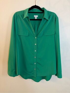 Chico’s Blouse Green Button Front Long Sleeve W/ Roll Tab Pockets Size 3 (XL 16)